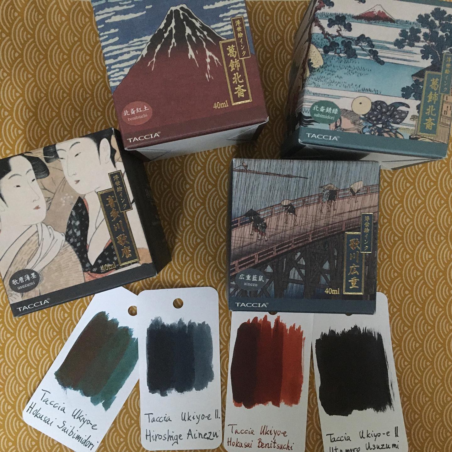 Taccia Ukiyo-e inks on mustard seigaiha fabric