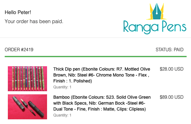 Ranga Bamboo order confirmation