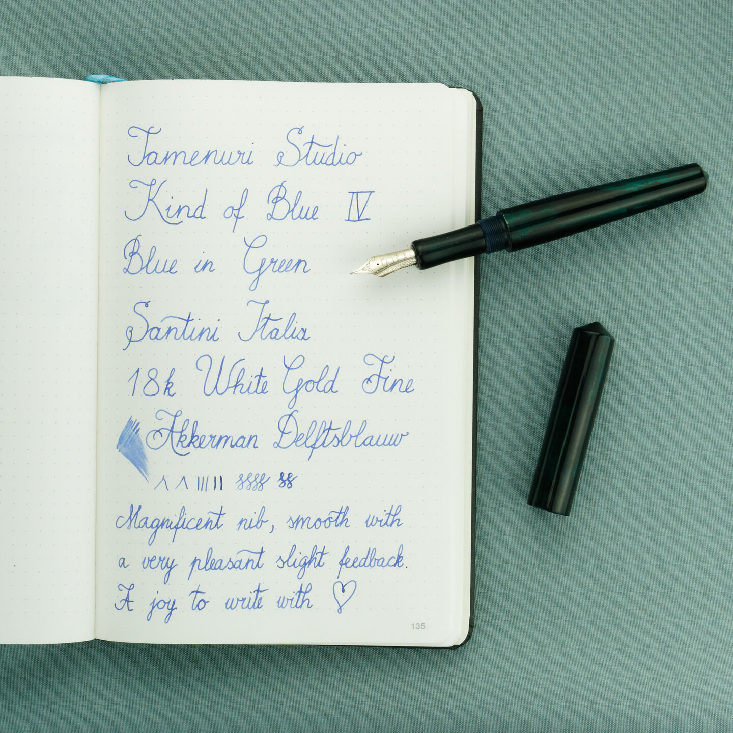 Tamenuri Studio Blue in Green + 18k Santini Fine nib writing sample