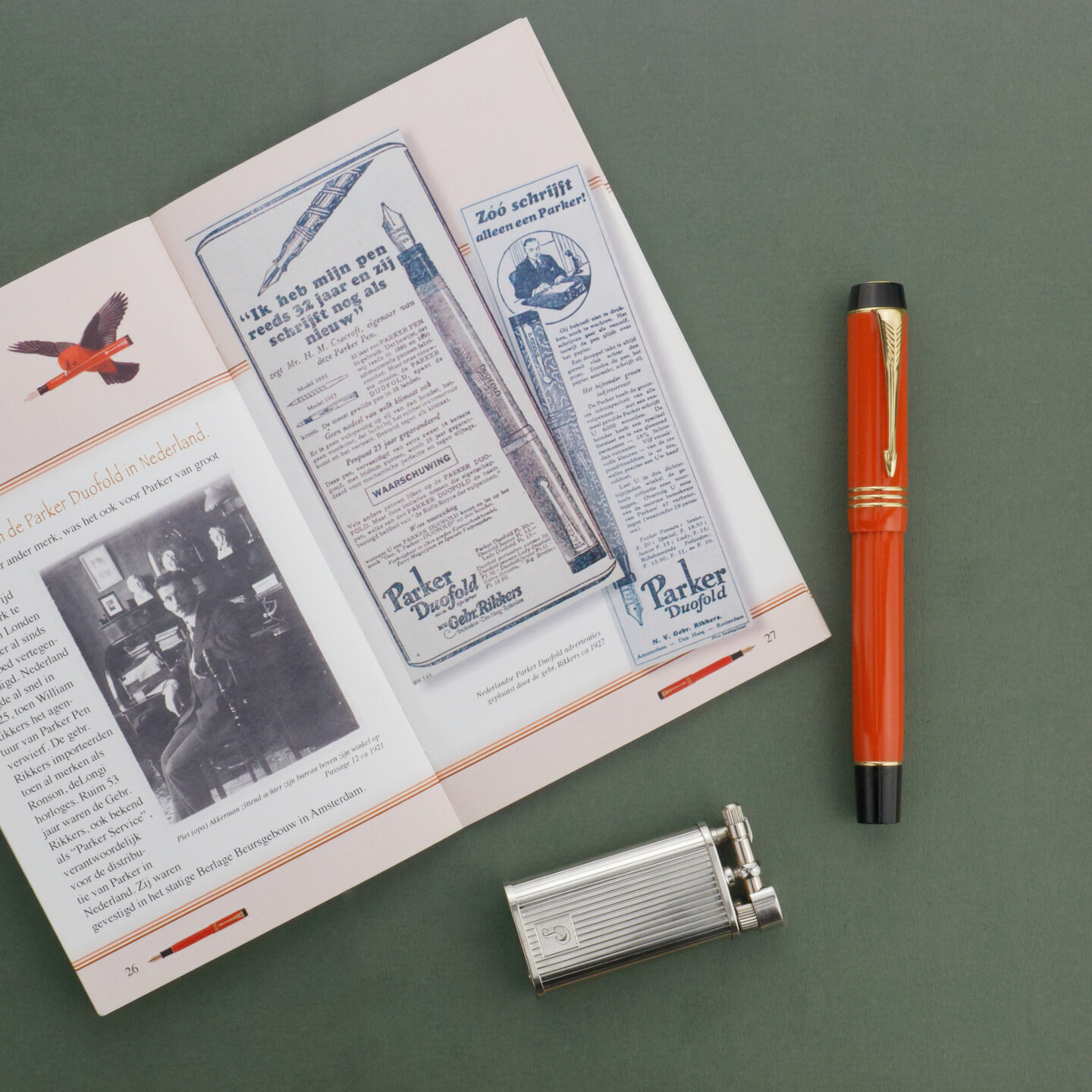 Akkerman Duofold fountain pen with booklet and Peterson pipe lighter