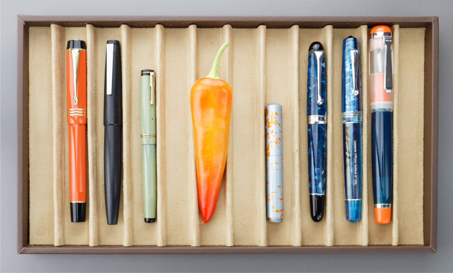 Chili pepper size comparison with fountain pens capped