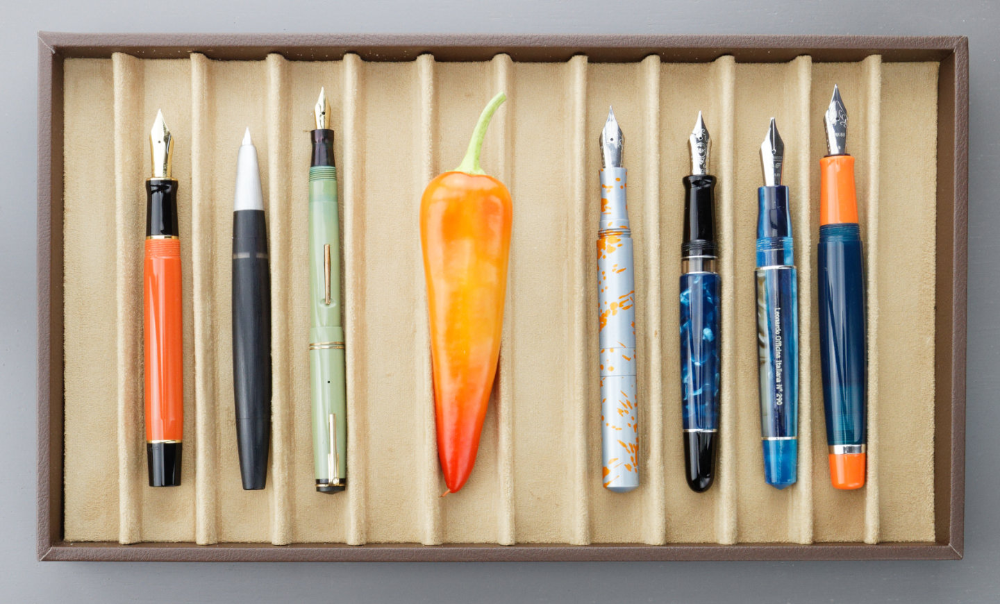 Chili pepper size comparison with fountain pens uncapped