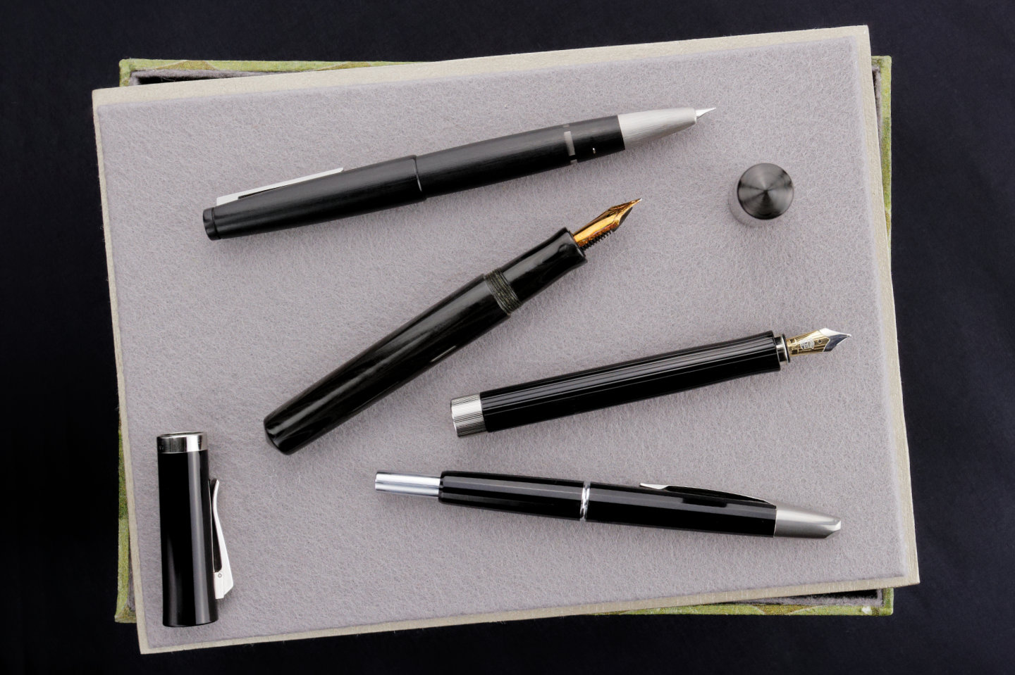 Lamy 2000 Makrolon Black, Opus Cineris The Harmonic Nib Series, Graf von Faber-Castell Intuition Fluted Black, Pilot Vanishing Point Faceted Black